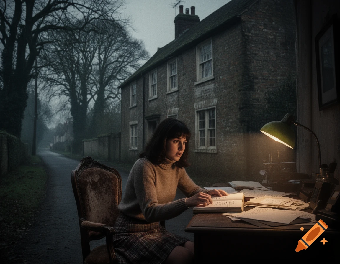 A young woman reads at a desk under a lamp, with an old brick house and a dark, tree-lined street visible outside.