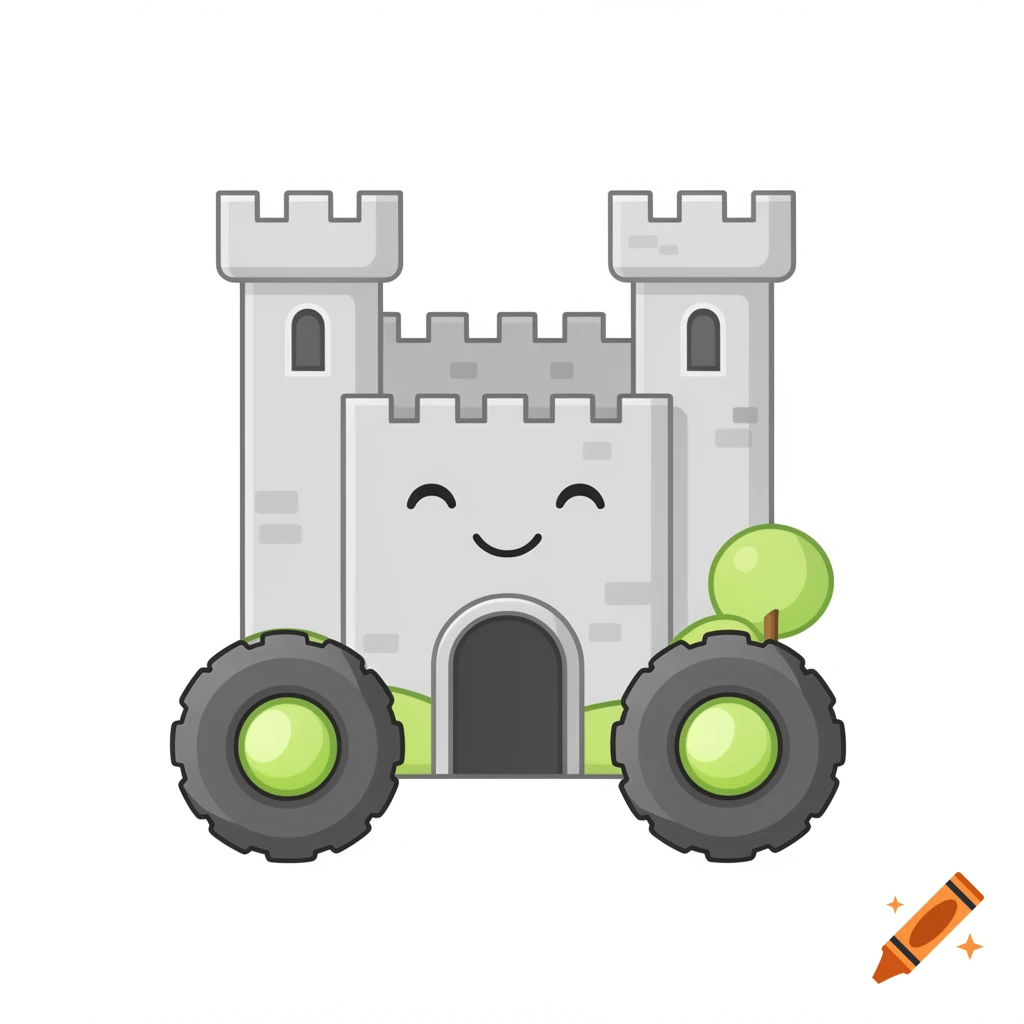 A cartoon smiling castle on large wheels, with small green trees, on a white background.
