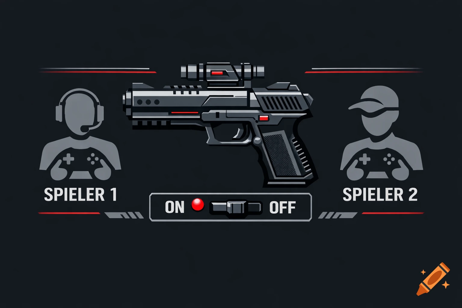 Stylized illustration of a video game interface featuring a pistol, player icons, and an ON/OFF switch.
