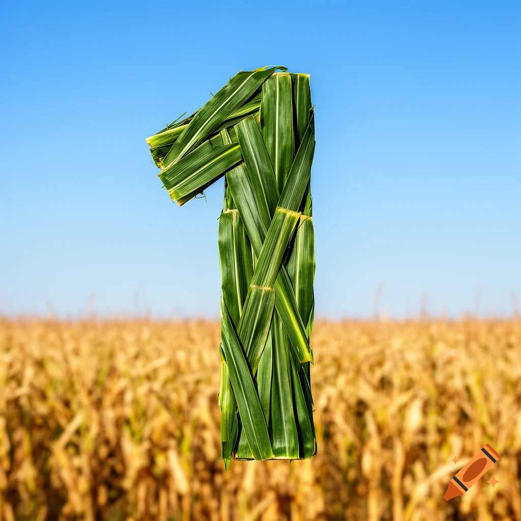 Photorealistic number 1 made from green corn stalk leaves, standing in a golden cornfield under a blue sky.