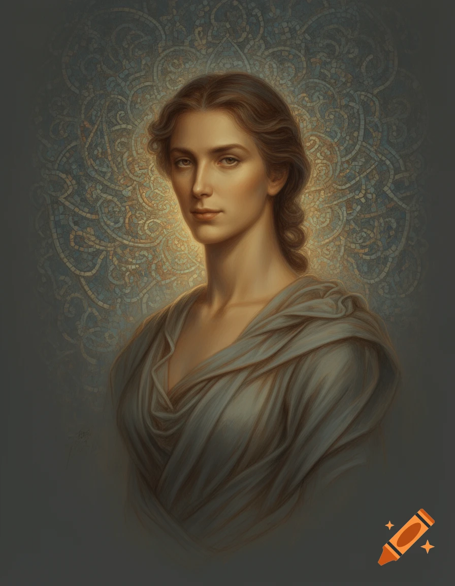 A painted portrait of a serene woman with brown hair, draped in light fabric, against a glowing mosaic background.