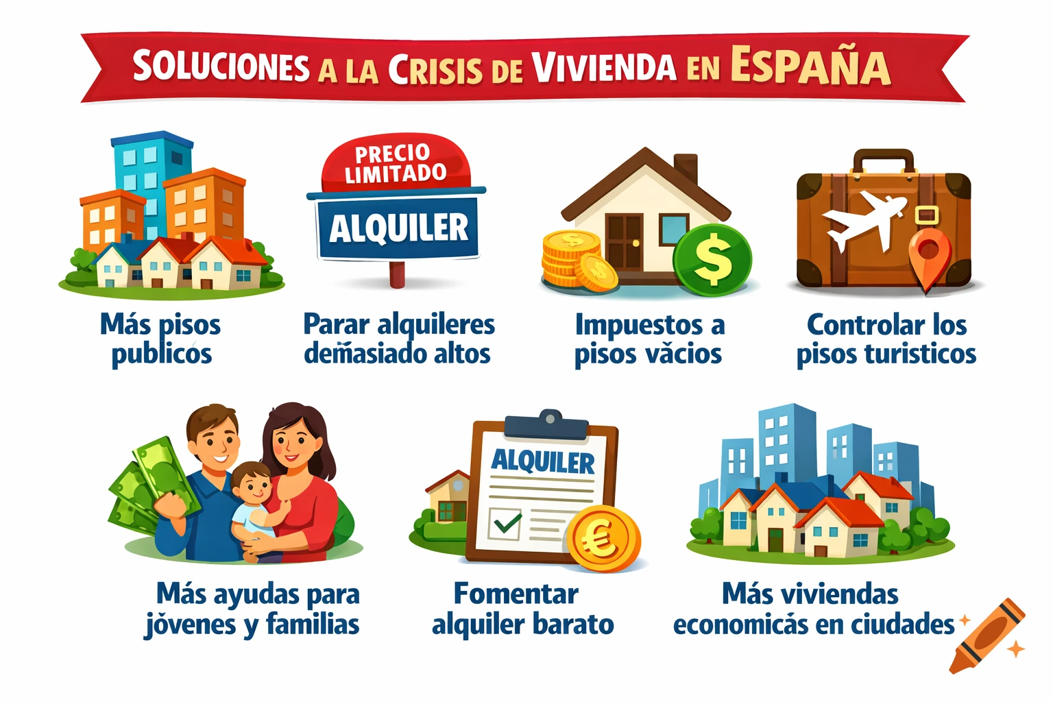 An infographic titled 'Solutions to the Housing Crisis in Spain' with seven icons and descriptive text for each solution.