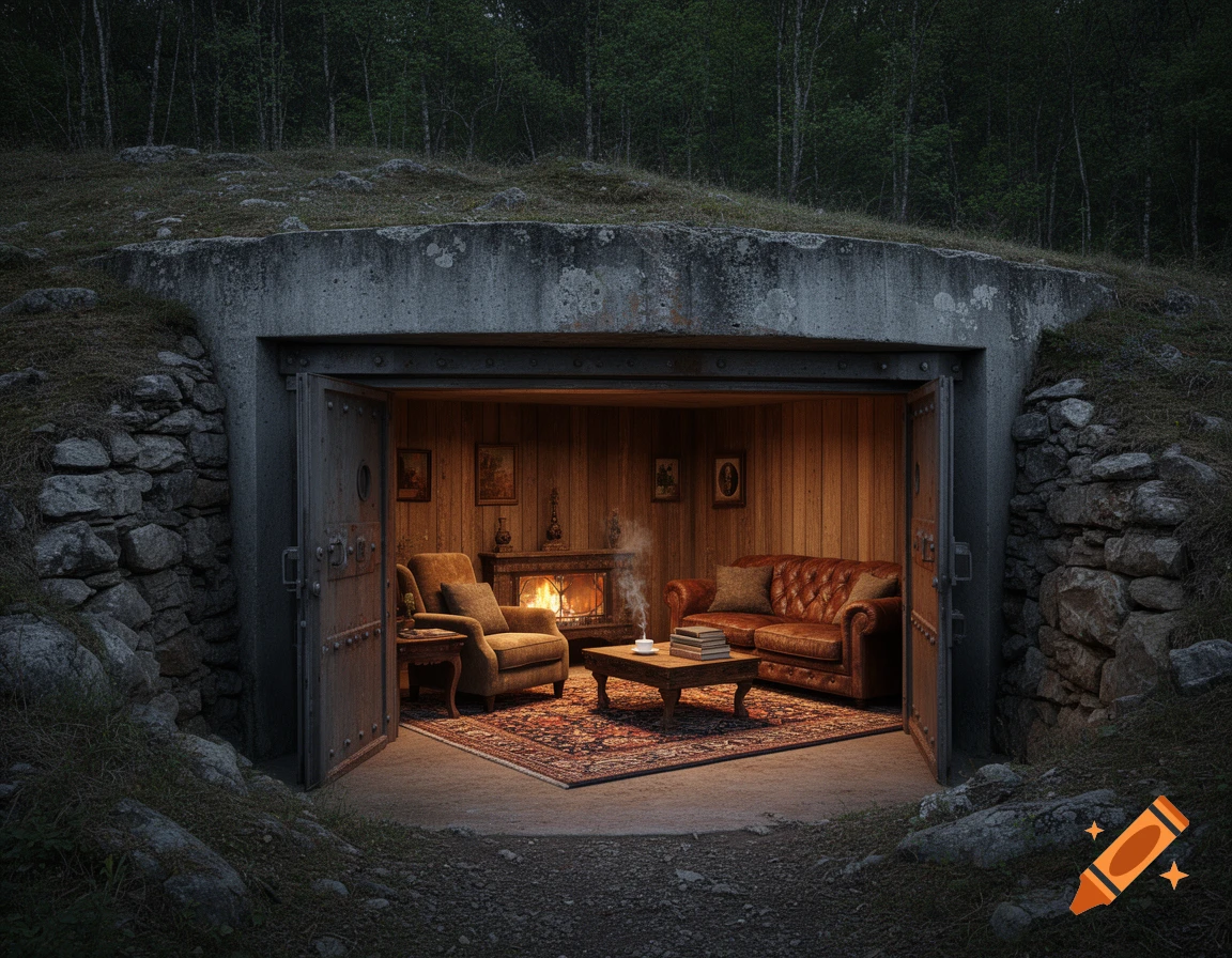 Cozy underground bunker living room with a lit fireplace, brown leather sofa, armchair, coffee table, and an open door to a forest.