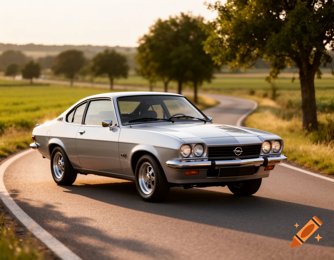 Silver classic Opel Manta coupe driving on a winding country road during golden hour.