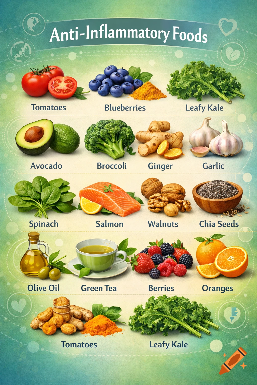 A vibrant chart displaying various anti-inflammatory foods with labels, including tomatoes, blueberries, avocado, broccoli, salmon, ginger, and leafy kale.