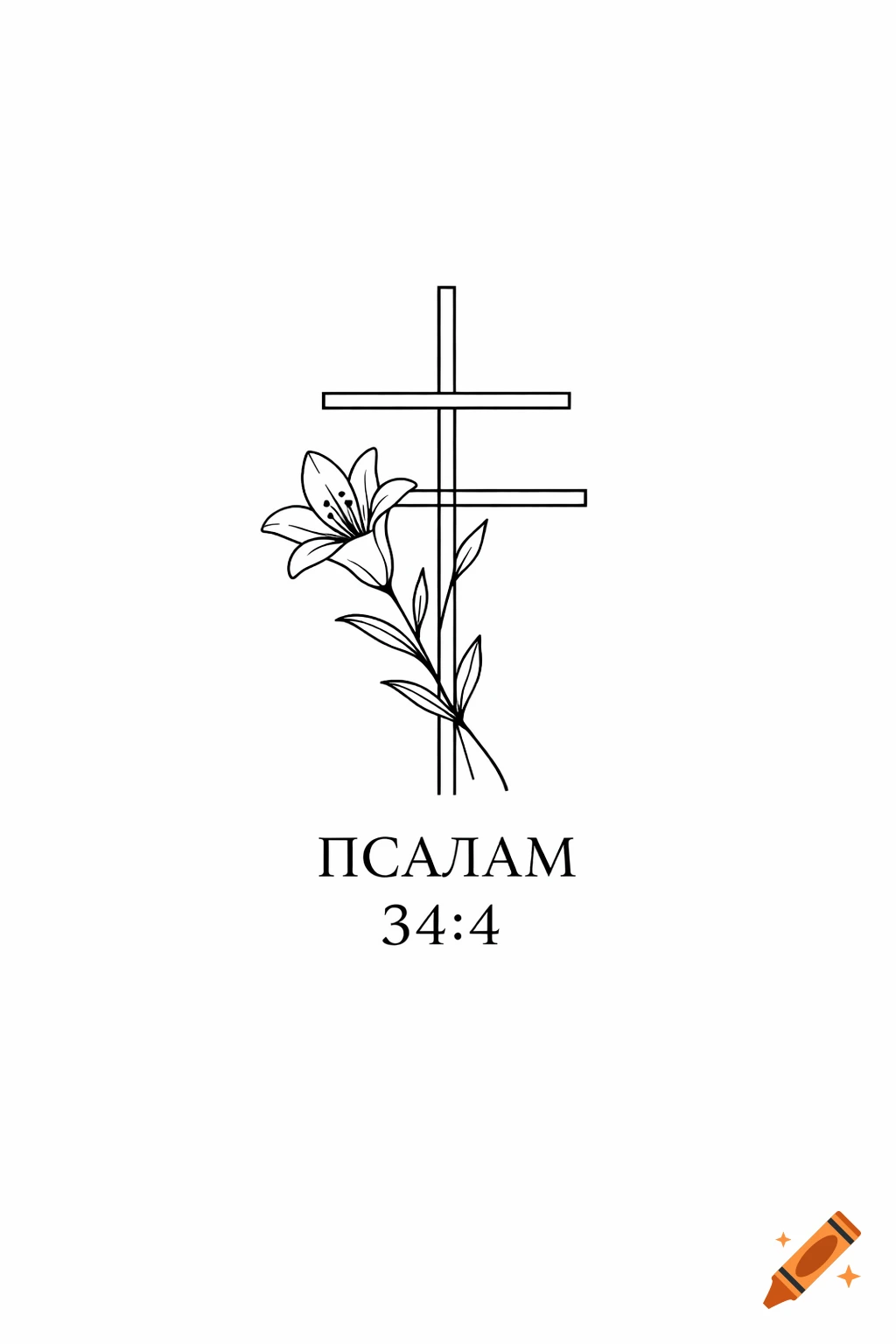 Minimalist black line art of an Orthodox cross with a lily and Cyrillic text "ПСАЛАМ 34:4" below.
