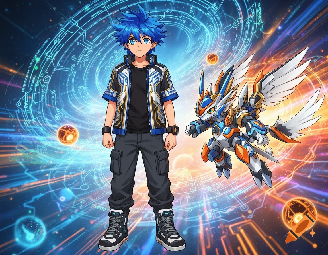An anime boy with spiky blue hair stands next to a white, blue, and orange mechanical creature with wings, against a futuristic digital background.