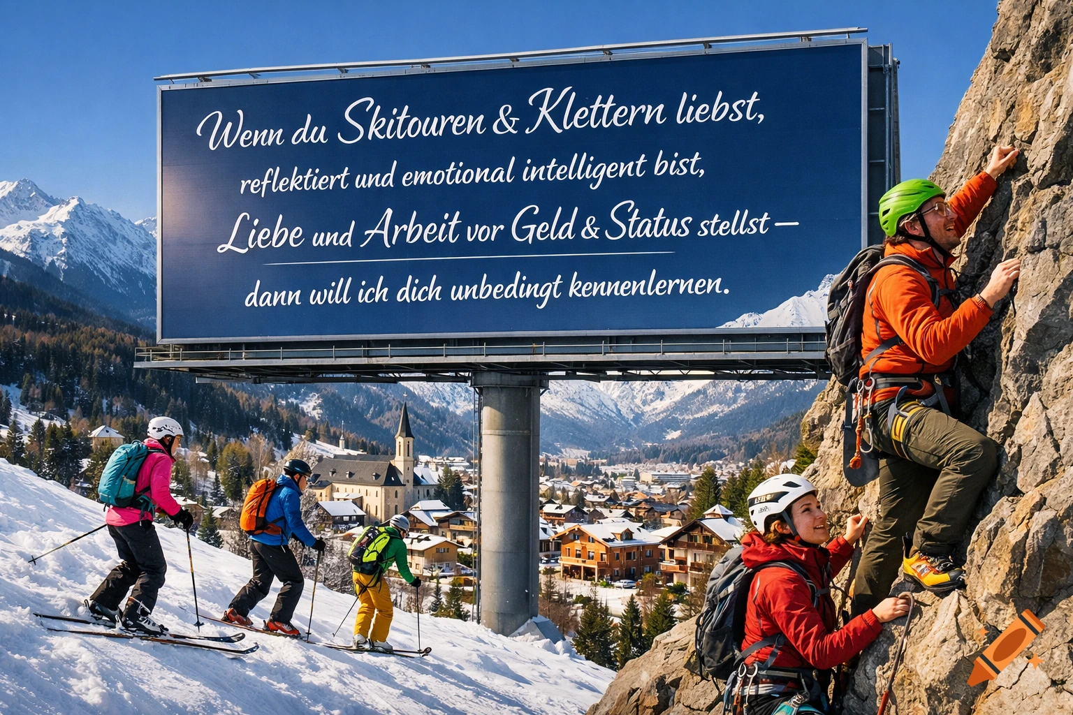 Four people in a snowy mountain landscape, three skiing and one rock climbing, with a large billboard and a village below.