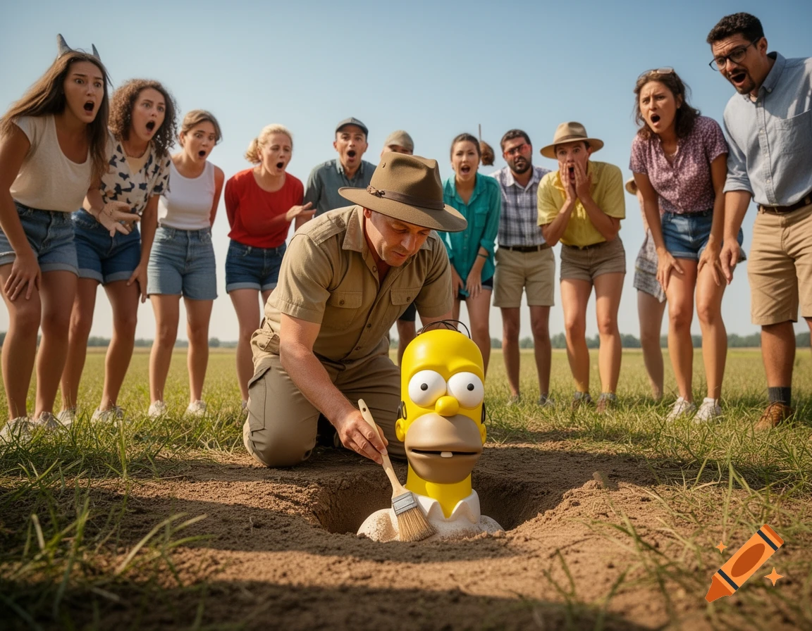An archeologist unearths a large Homer Simpson head in a field, surrounded by a group of shocked onlookers.