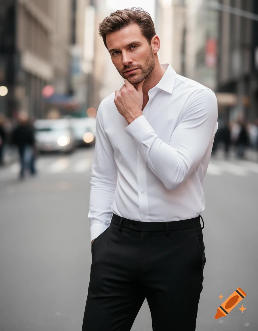 A man in a white shirt and black pants stands in a city street with his ...