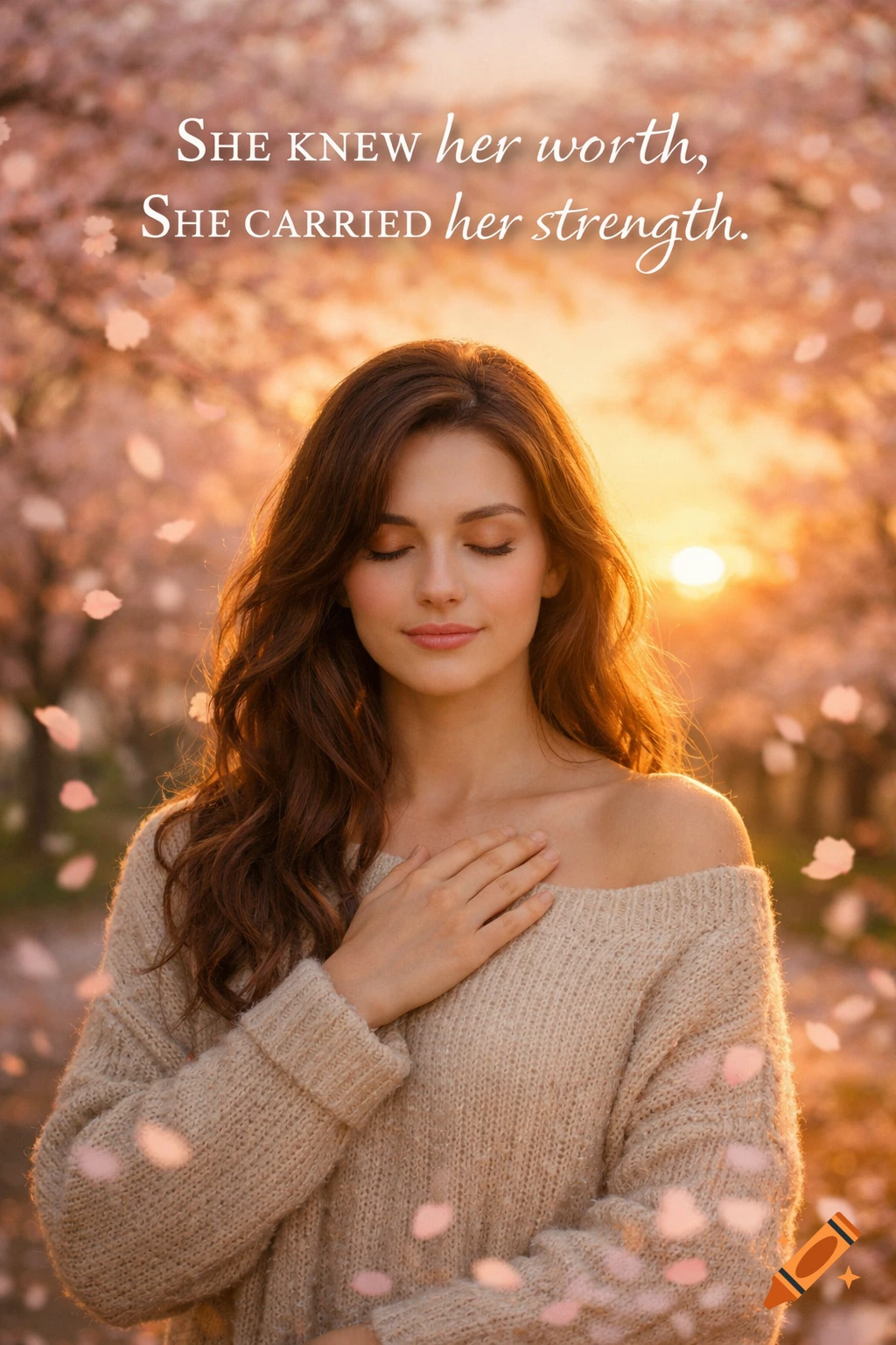 Serene woman with closed eyes and hand on heart, standing among cherry blossoms at sunset with an inspirational quote.