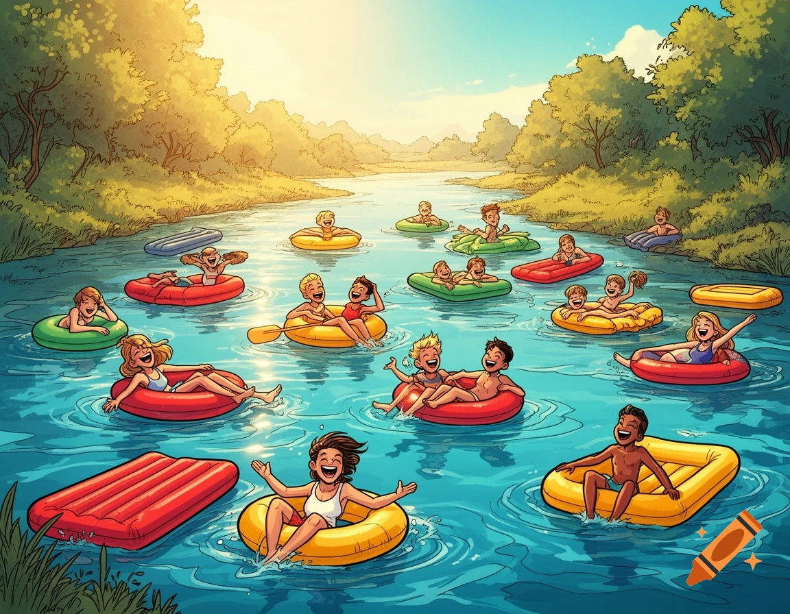 Cartoon illustration of many smiling people floating on inflatable tubes and rafts down a sunny river lined with green trees.