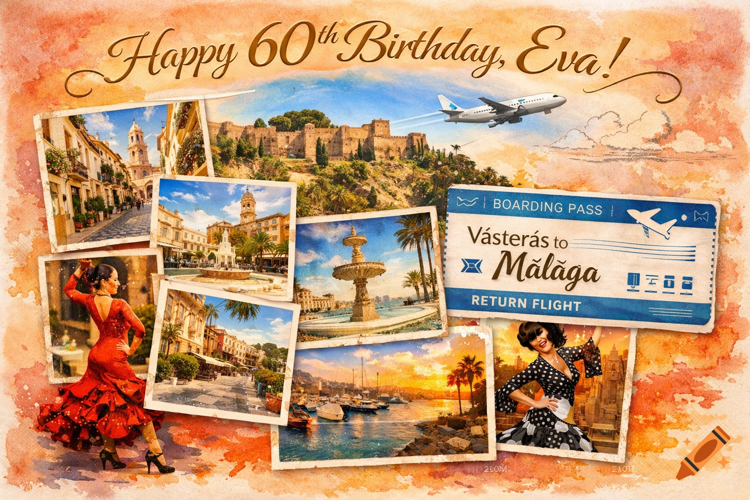 Vintage-style birthday card collage for Eva's 60th, featuring photos of Malaga, a plane, and a boarding pass.