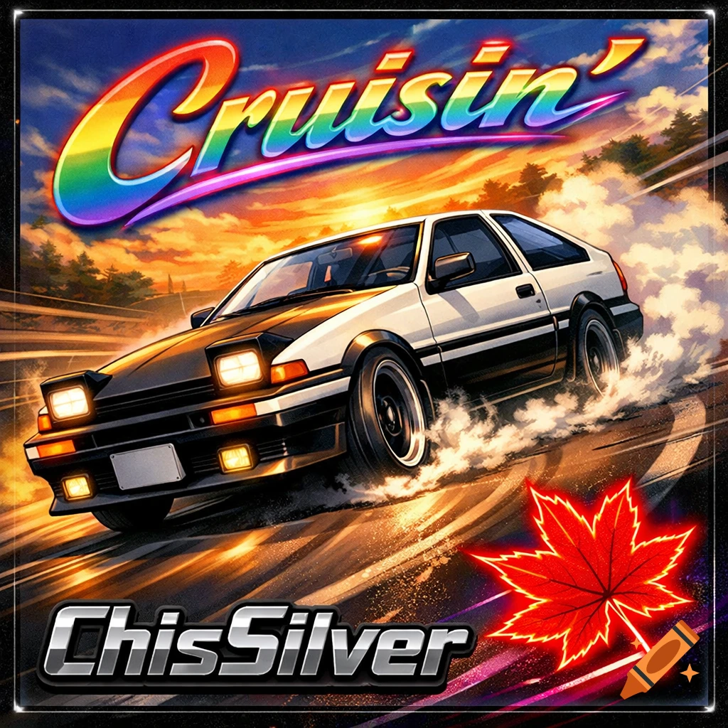 Album cover art featuring a white and black 1983 AE86 car drifting on a track at sunset, with 'Cruisin'' in rainbow text and 'ChisSilver' below.