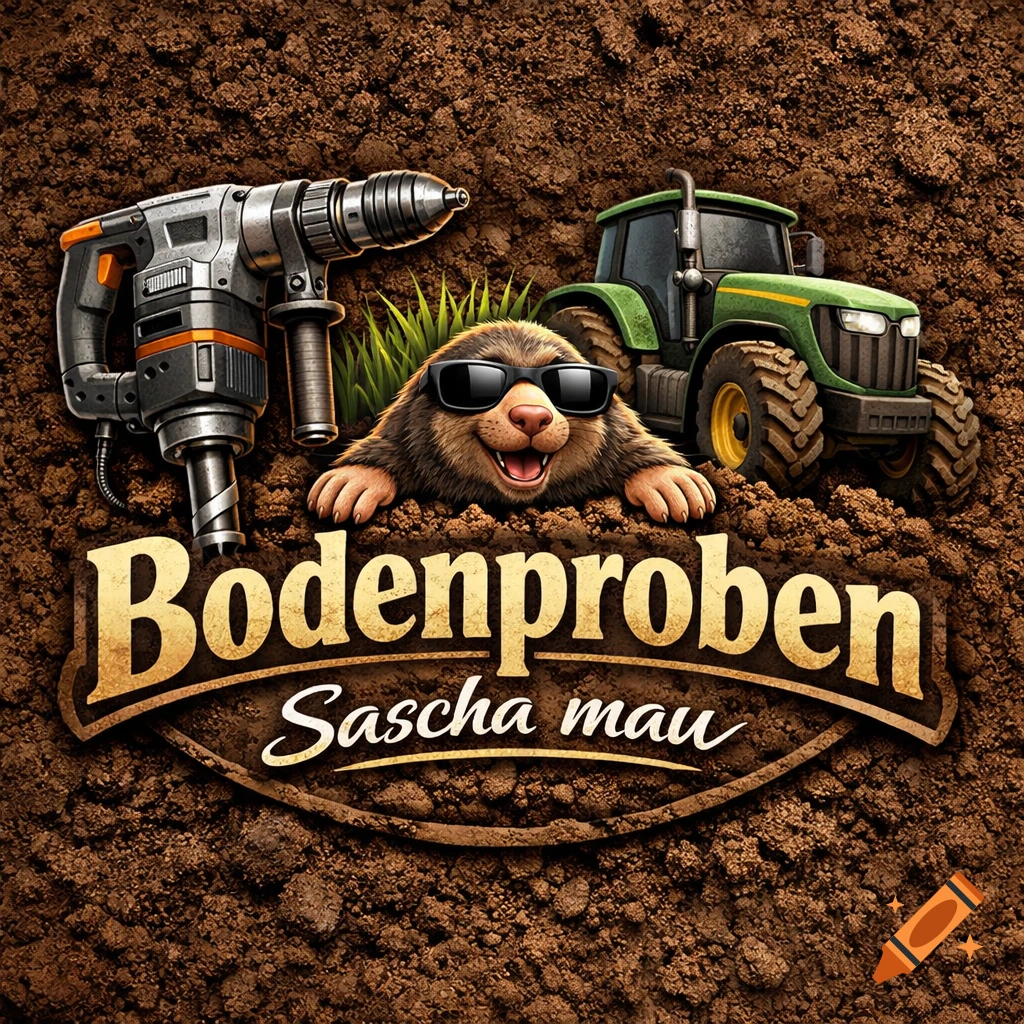 A cartoon mole wearing sunglasses peeks from rich brown soil, flanked by a drill and a green tractor. The text "Bodenproben Sascha mau" is below.