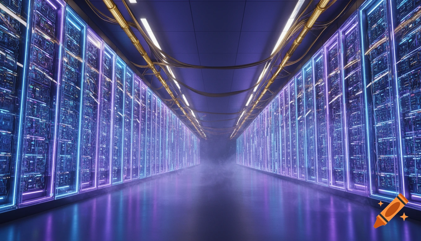 Futuristic AI data center with glowing blue and purple neon servers, golden cables, and a misty floor, in a cinematic concept art style.