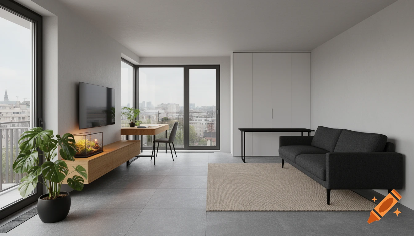 Photorealistic view of a modern minimalist living room with a dark sofa, wooden console, large windows overlooking a city, and a Monstera plant.