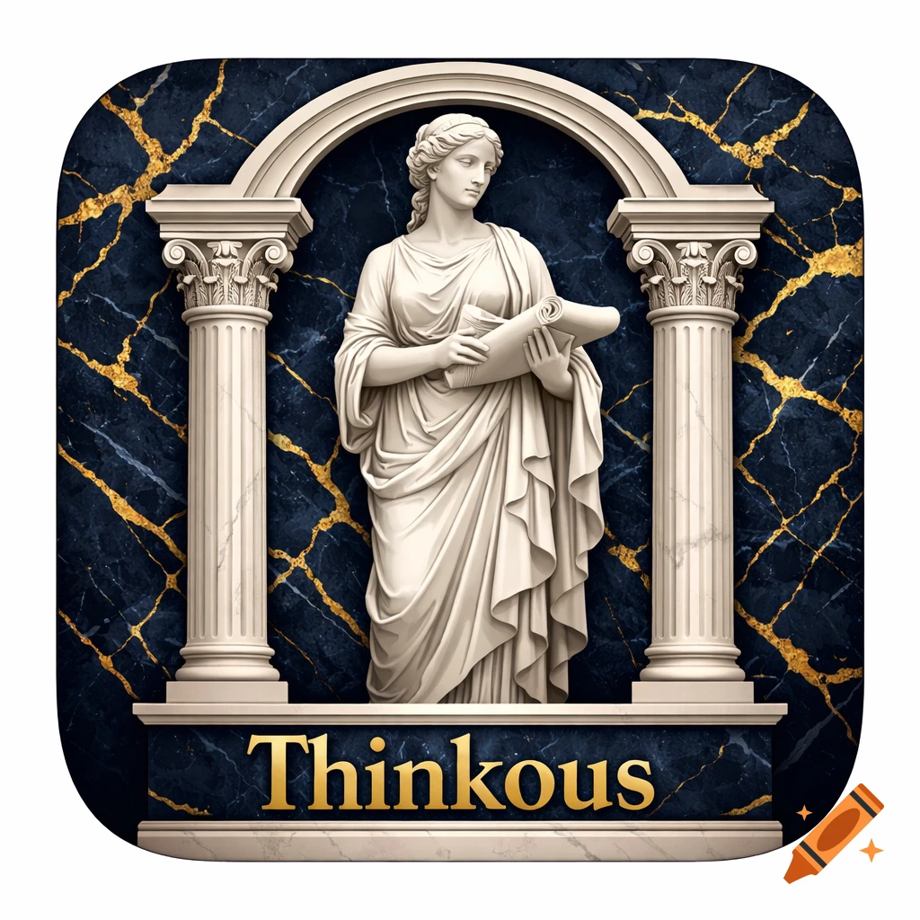 A classical marble statue of a draped female figure holding a scroll, set in a niche with columns against dark blue and gold marble, with 'Thinkous' on the pedestal.