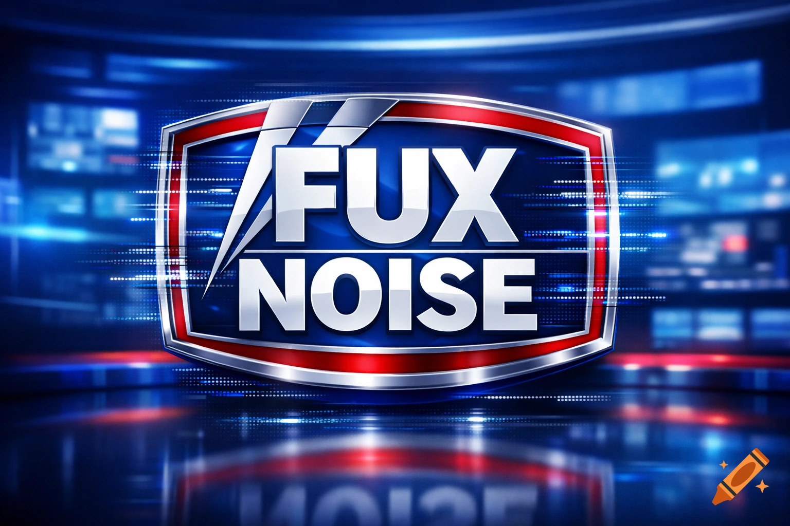 A metallic shield-shaped logo with "FUX NOISE" in white letters, set against a blurred blue news studio background.