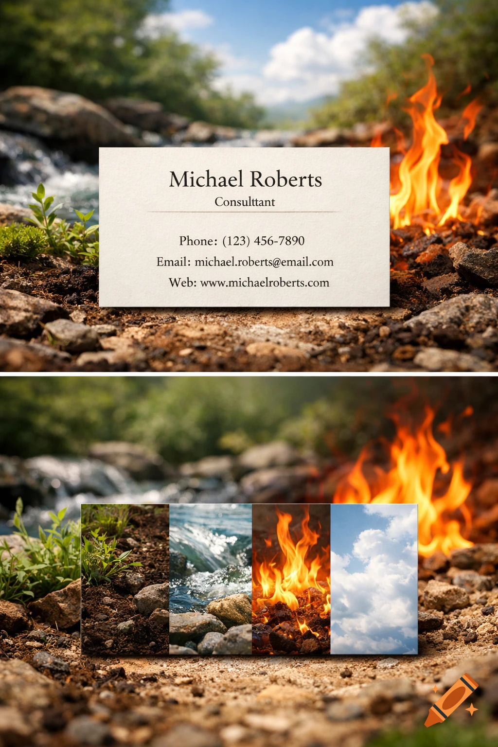 A business card for 'Michael Roberts, Consulttant' rests on rocky ground. Below it, four panels depict earth, water, fire, and clouds against a blurred natural background.