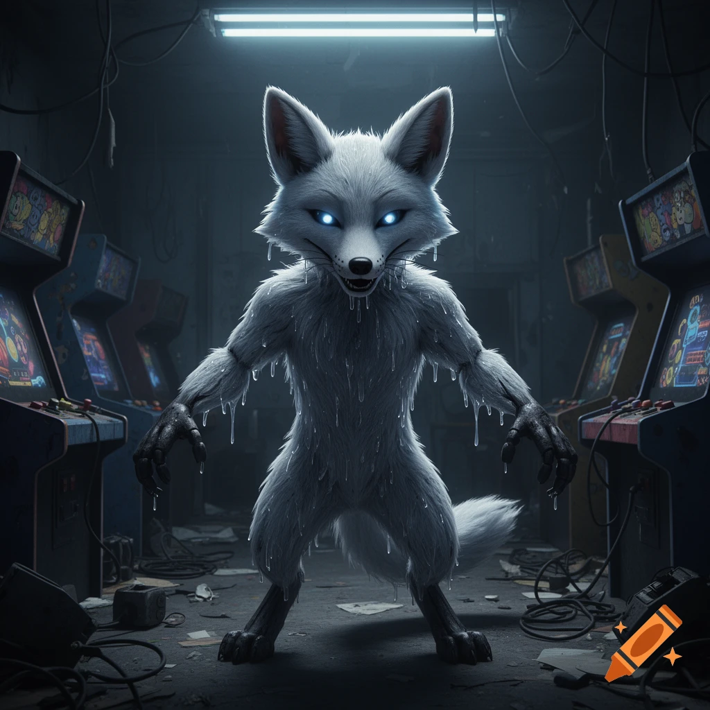 A creepy, gooey white fox-like creature with glowing blue eyes stands menacingly in a dark, dilapidated arcade.