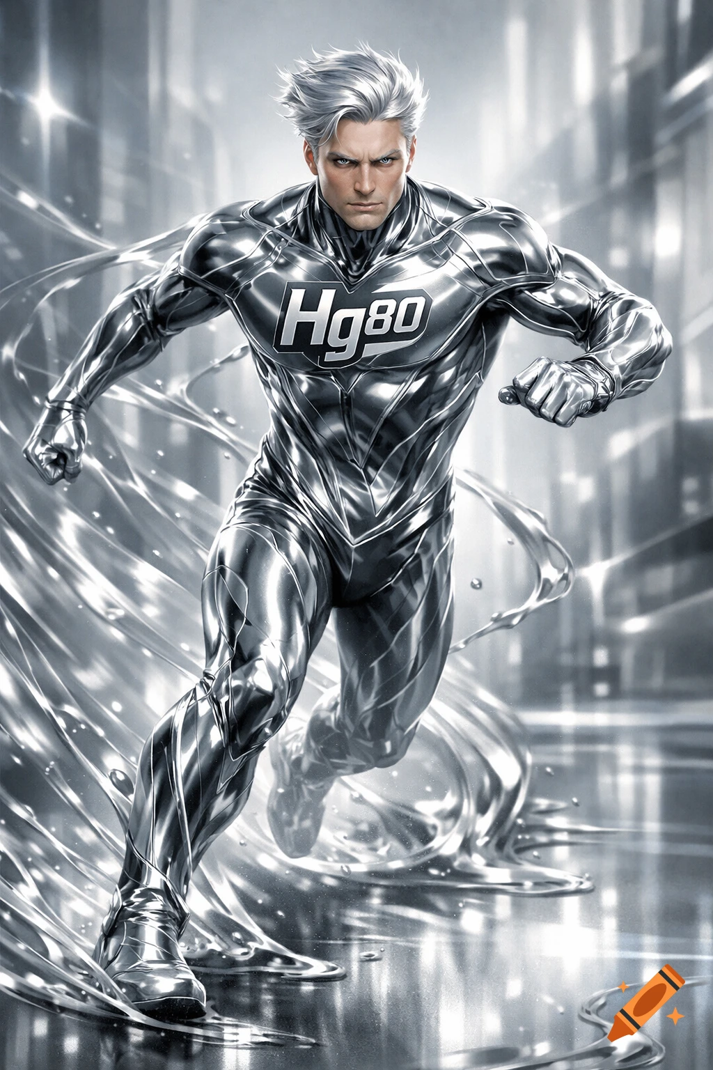 A powerful male superhero with white hair in a shimmering silver metallic suit, featuring an 'Hg80' logo, runs through a city leaving mercury trails.