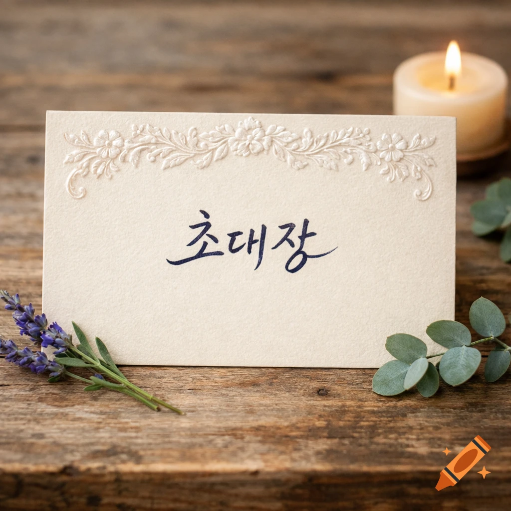 Cream invitation card with Korean text '","초대장'", embossed floral design, lavender, eucalyptus, and a lit candle on a wooden surface.