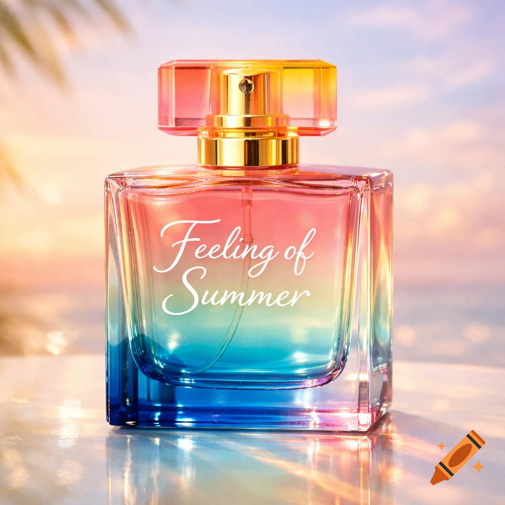 A rectangular perfume bottle with a gradient of blue, teal, pink, and yellow. It has "Feeling of Summer" written on it. Blurred beach sunset background.