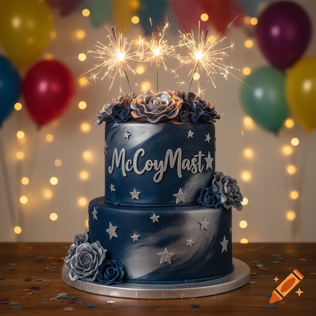 A two-tiered dark blue and silver birthday cake with lit sparklers, decorated with silver stars and floral elements, against a background of blurred balloons and lights.