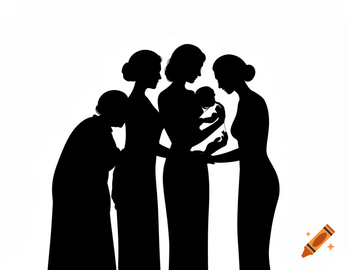 Black silhouettes of four women and a baby, representing generations, in a minimalist, high-contrast style on a white background.