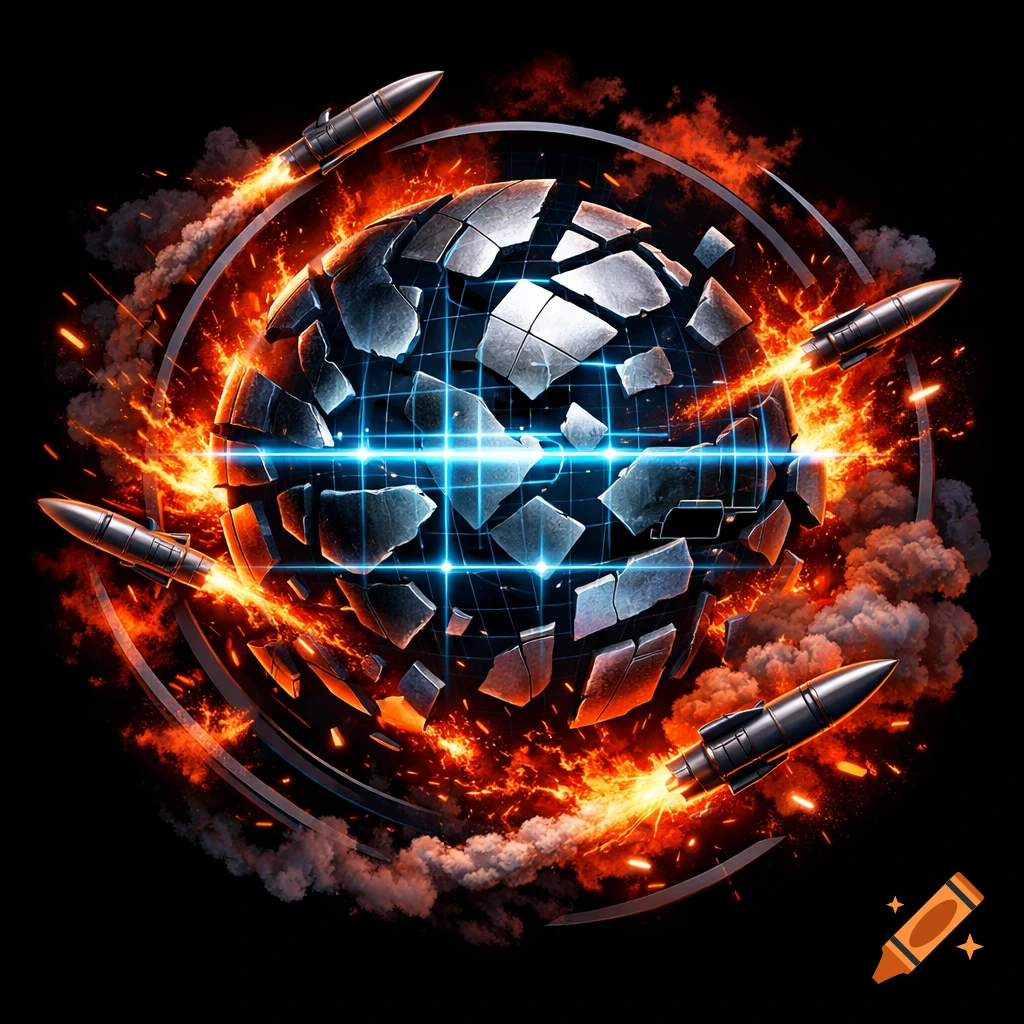A metallic shattered globe with blue grid lines, surrounded by orange flames, smoke, and four missiles launching against a black background.