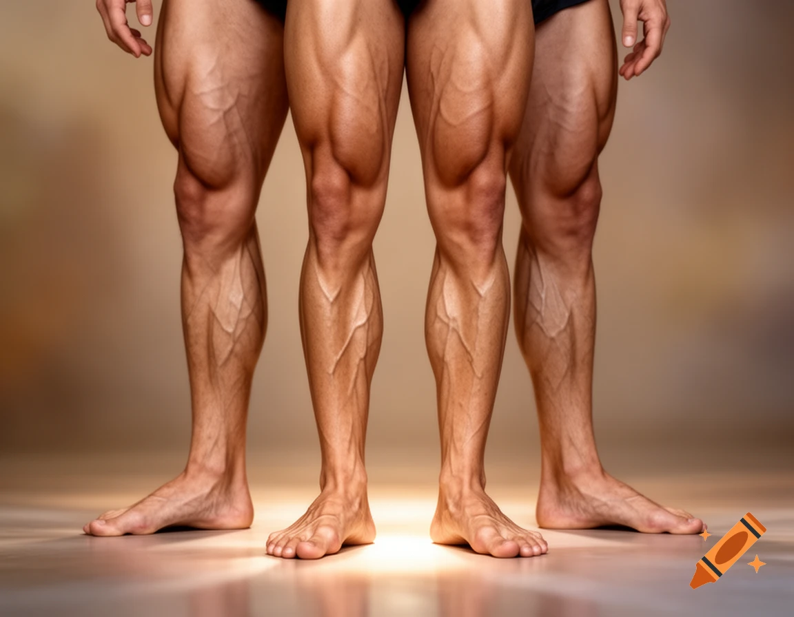 Four bare, muscular human legs with prominent veins stand on a reflective surface in a photorealistic style.