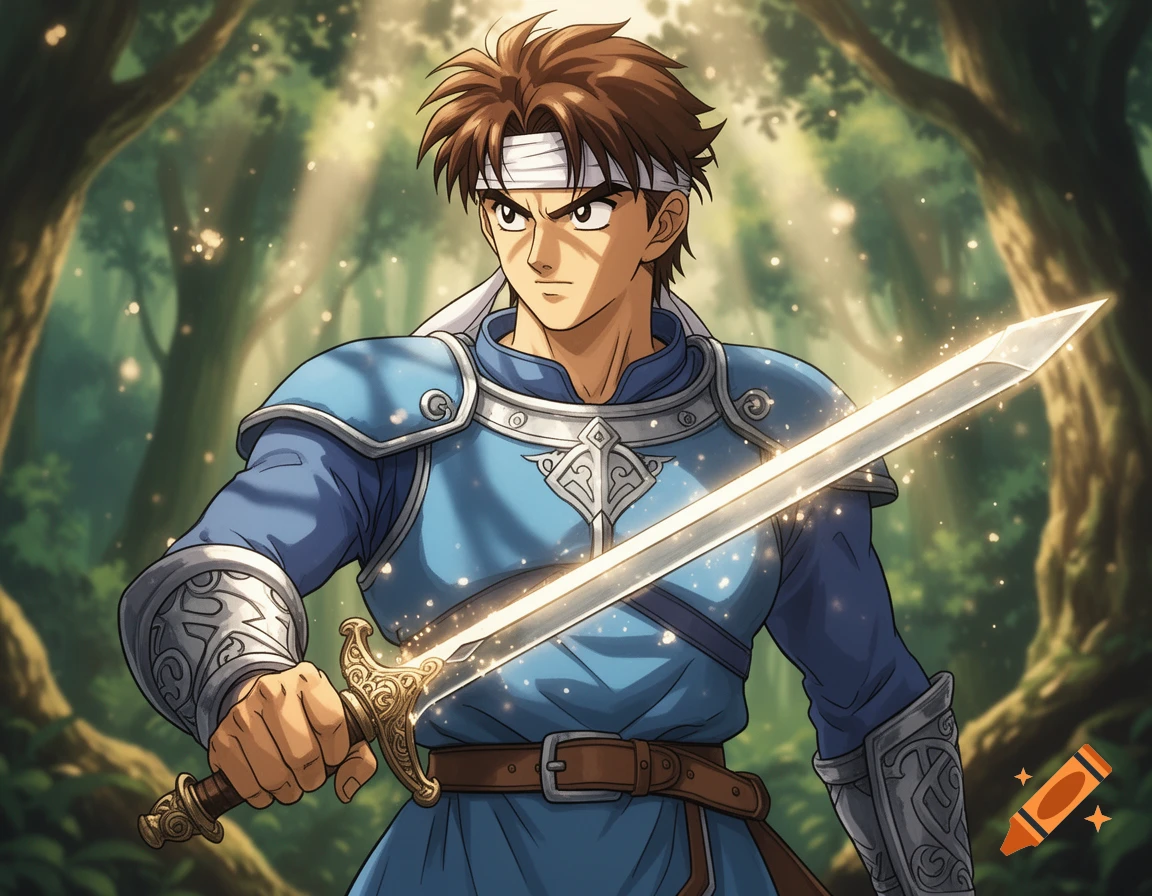 An anime hero with brown hair and a white headband, wearing blue armor, holds a glowing sword in a sunlit forest.