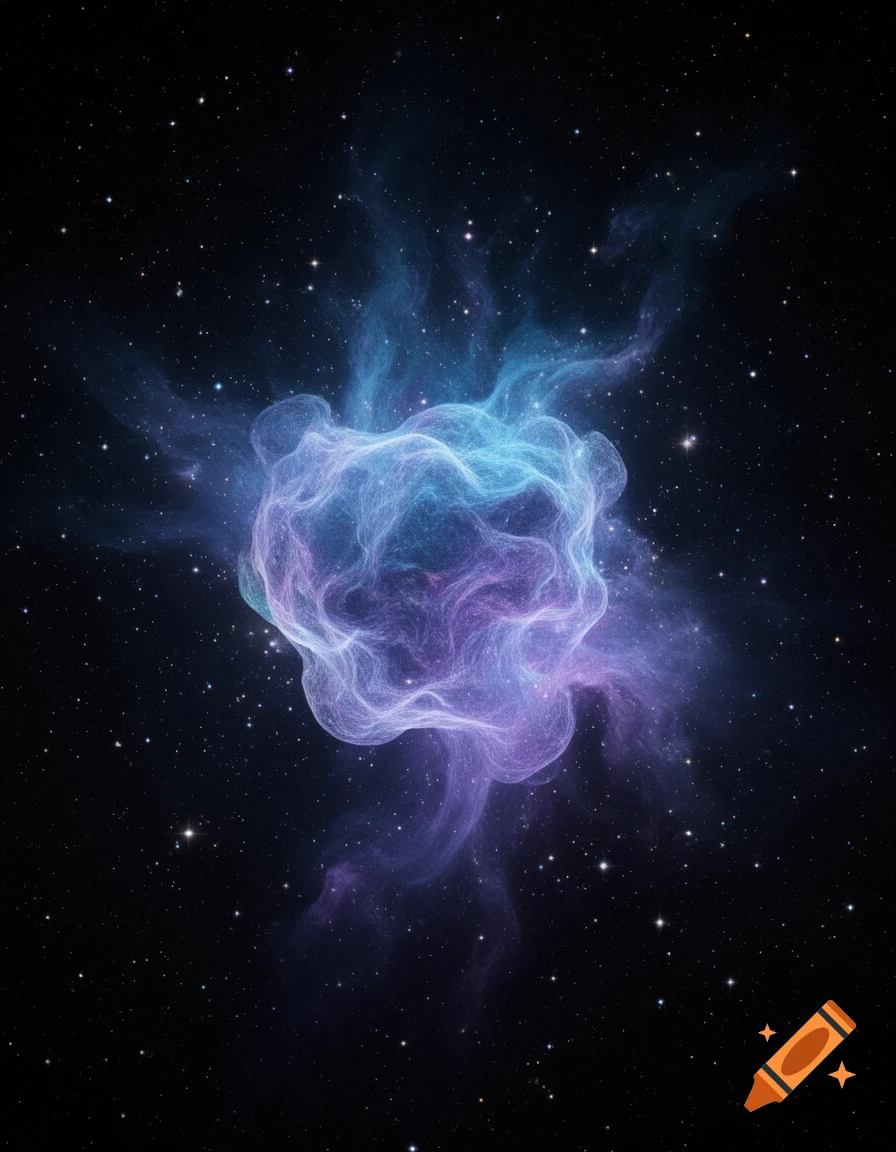 A vibrant blue and purple amorphous nebula glows against a dark, star-filled cosmic background.