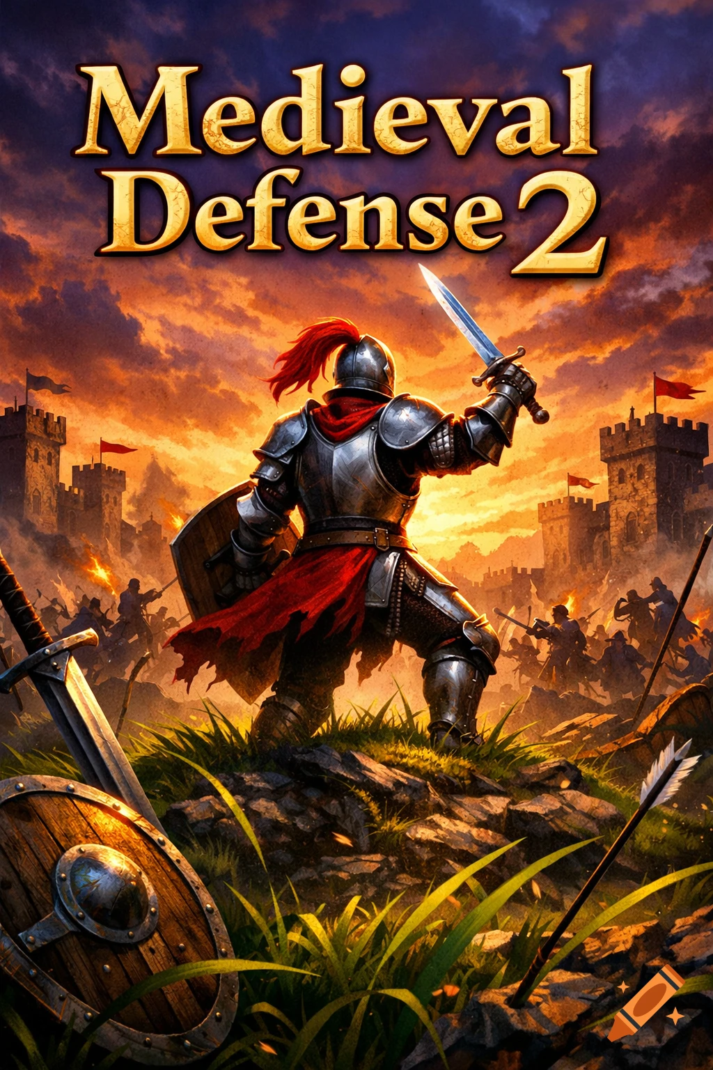 A knight in shining armor with a sword and shield stands before a fiery medieval battle with castles in the background, text reads "Medieval Defense 2".