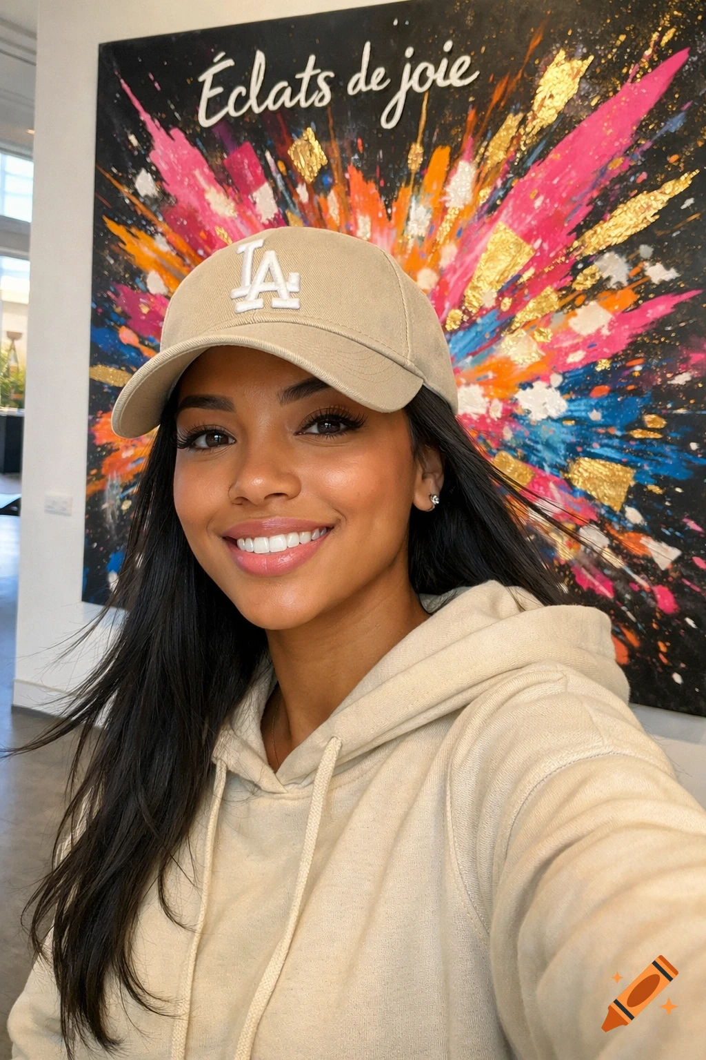 Smiling woman in a beige LA cap and cream hoodie takes a selfie in an art gallery, a vibrant abstract painting behind her.