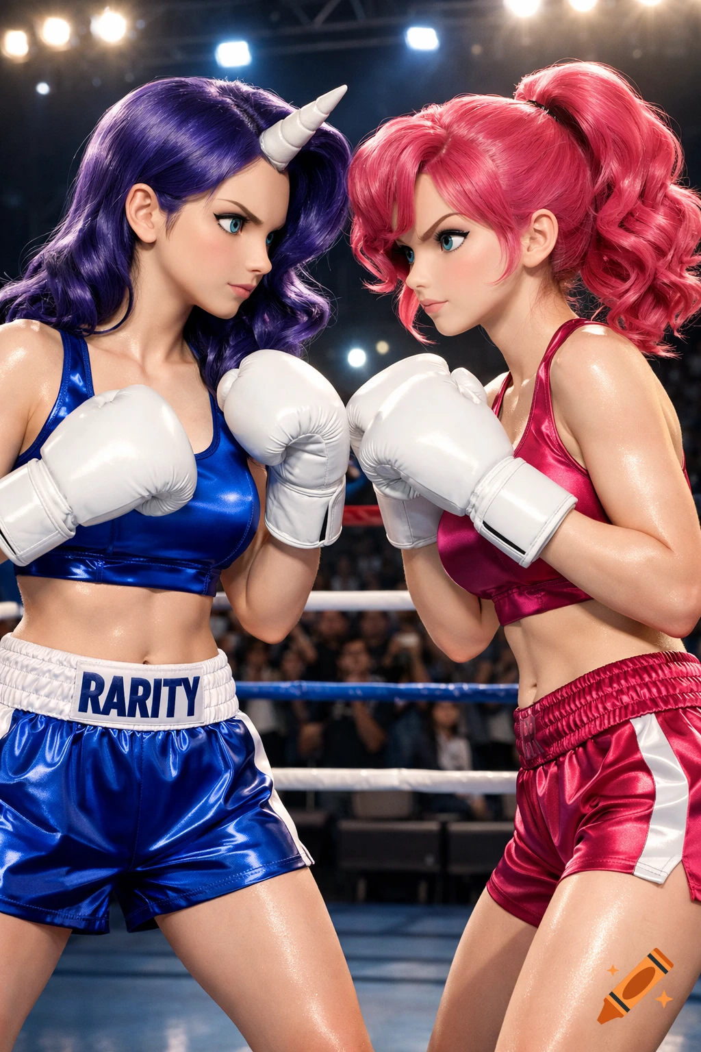 Two anime-style humanized characters, Rarity with a unicorn horn and Pinkie Pie, pose in boxing gear in a ring.