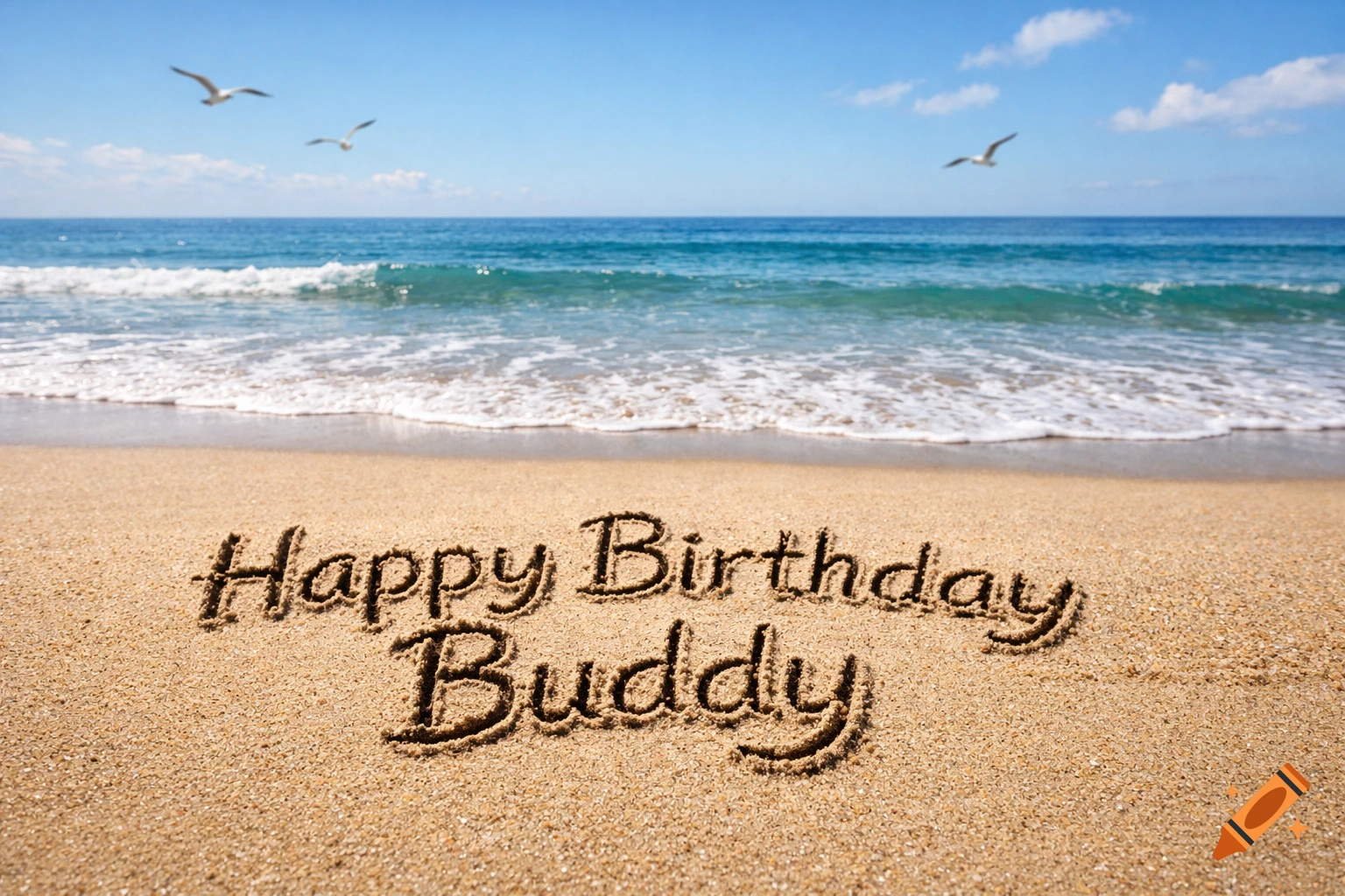 Text 'Happy Birthday Buddy' written in golden sand at the edge of a calm ocean with seagulls flying under a blue sky.