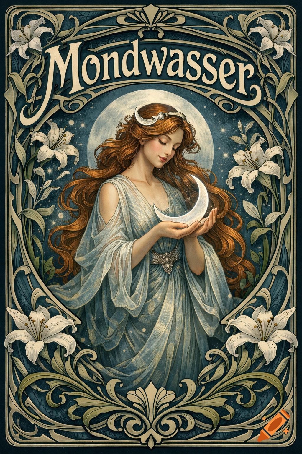 Art Nouveau illustration of a woman in a blue dress holding a crescent moon, surrounded by white lilies and ornate borders with 'Mondwasser' text.