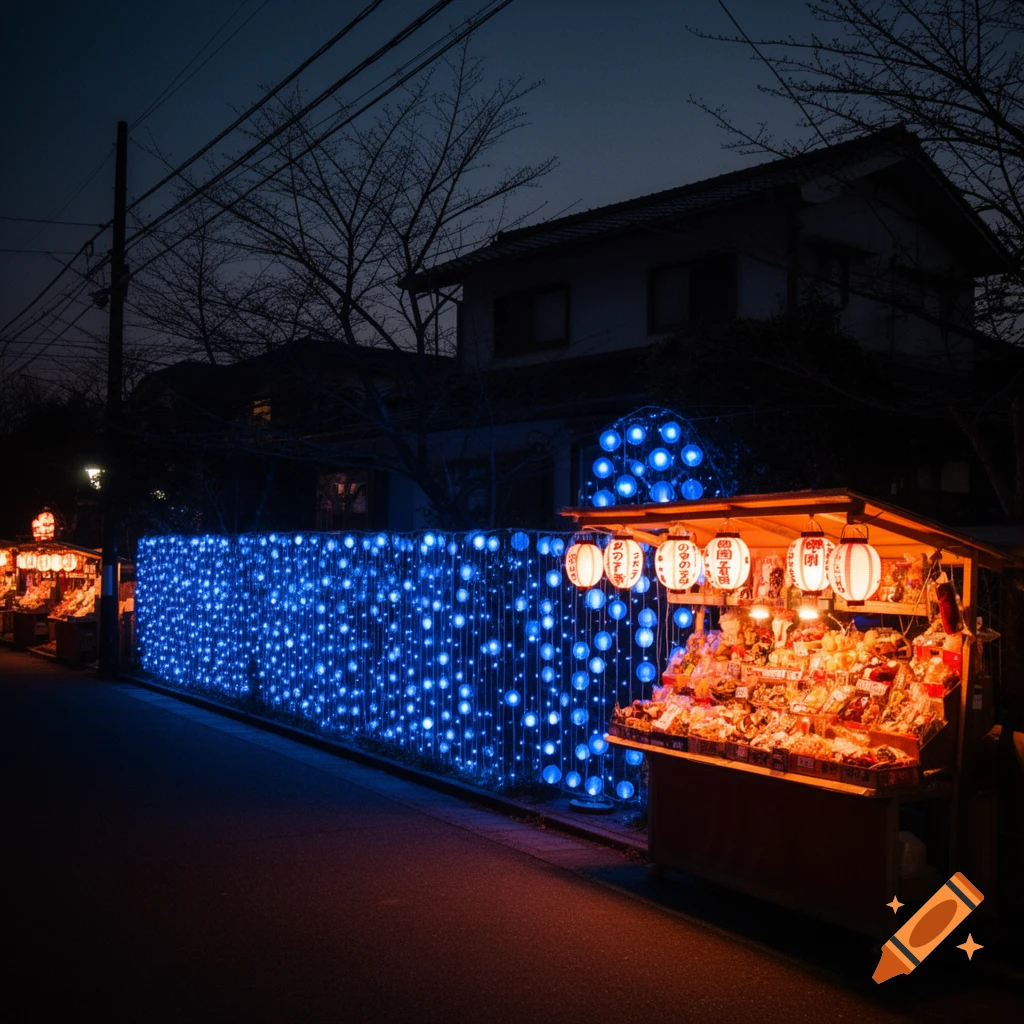 A nighttime street scene with a market stall lit by orange lanterns and a fence adorned with numerous blue lights.