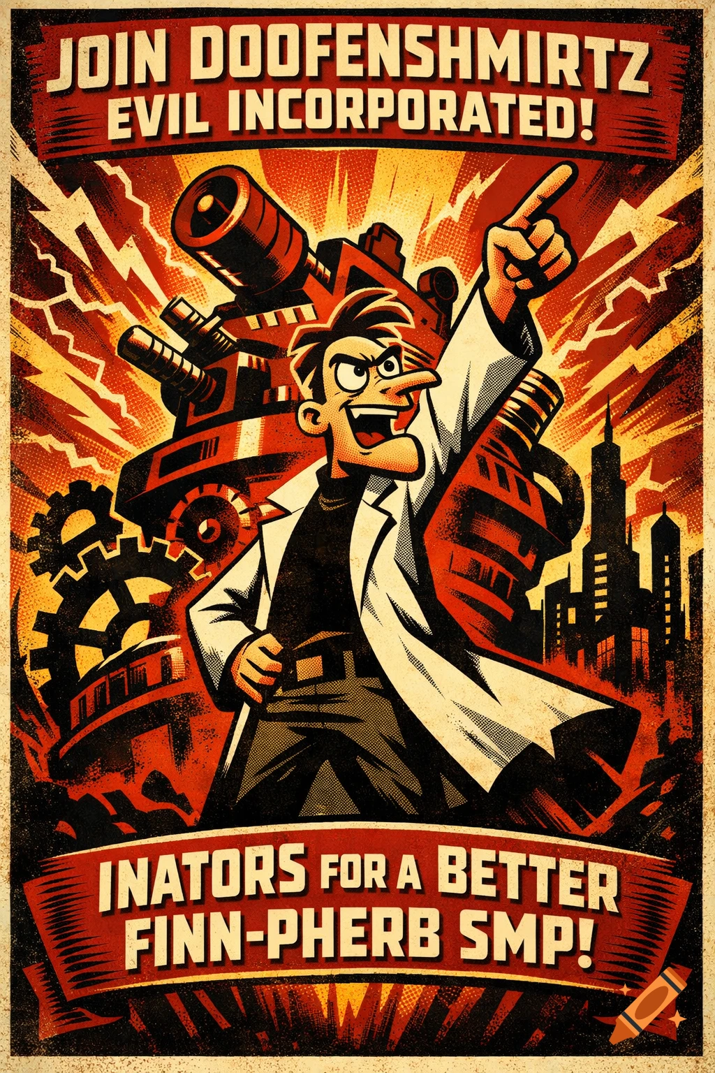 A vintage propaganda poster featuring Dr. Doofenshmirtz pointing confidently, with an 'inator' machine, gears, and a city skyline in the background, text reads 'JOIN DOOFENSHMIRTZ EVIL INCORPORATED!' and 'INATORS FOR A BETTER FINN-PHERB SMP!'