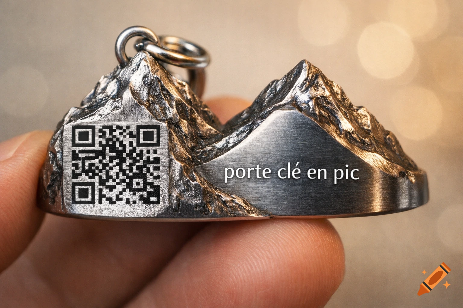 A hand holds a metallic mountain-shaped keychain. It features a QR code on one side and the text 'porte cl en pic' on the other.