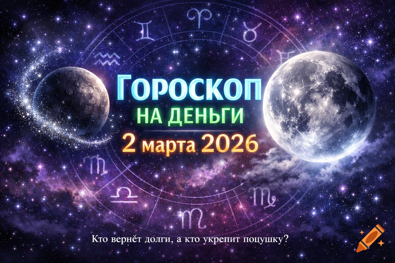 A cosmic background with two planets, glowing stars, and zodiac symbols. Bright text in Russian reads "Horoscope for Money March 2, 2026" and "Who will return debts, and who will strengthen their cushion?"