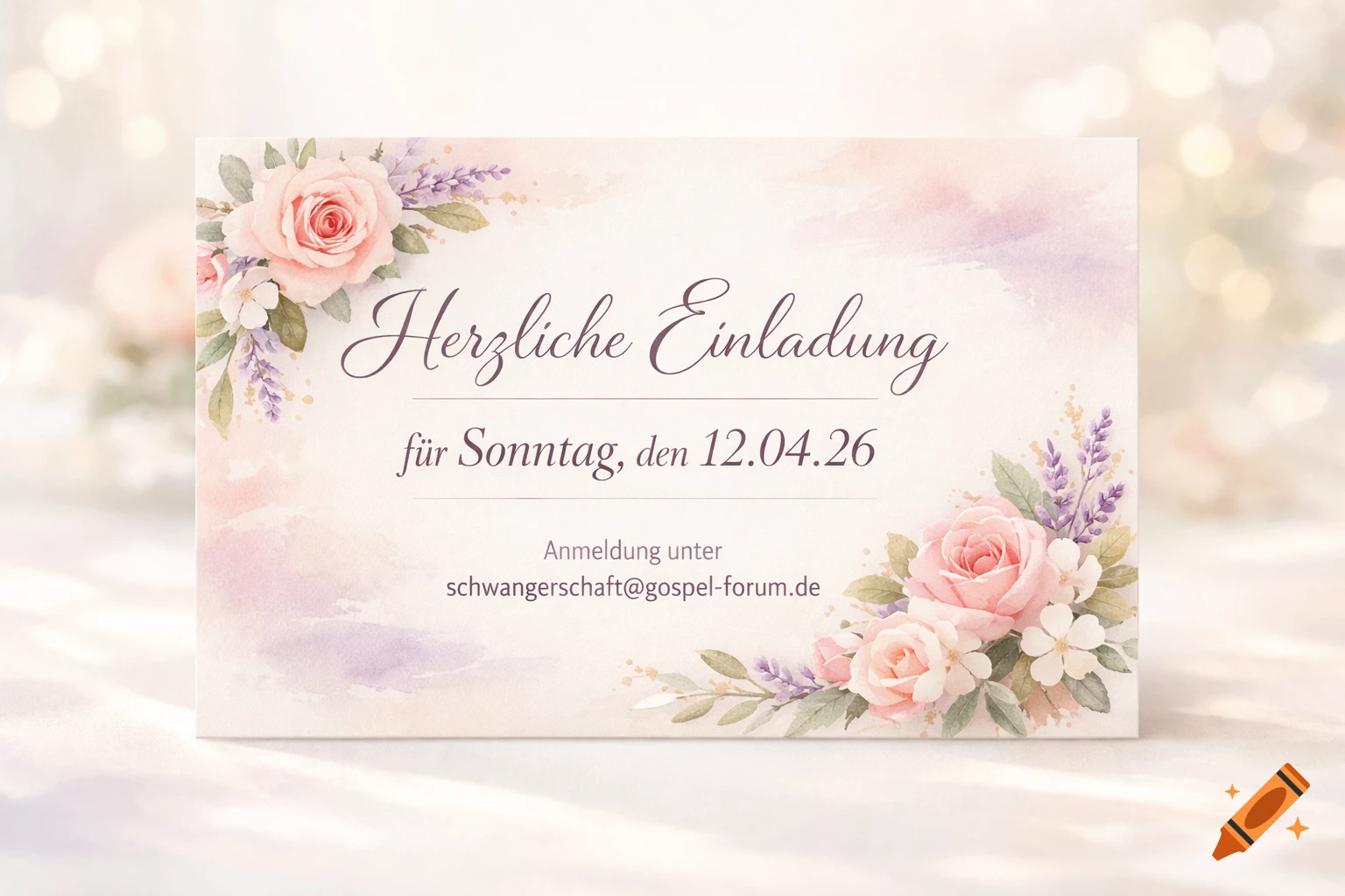 Watercolor invitation card with pink roses and lavender, featuring German text 'Herzliche Einladung' and event details.