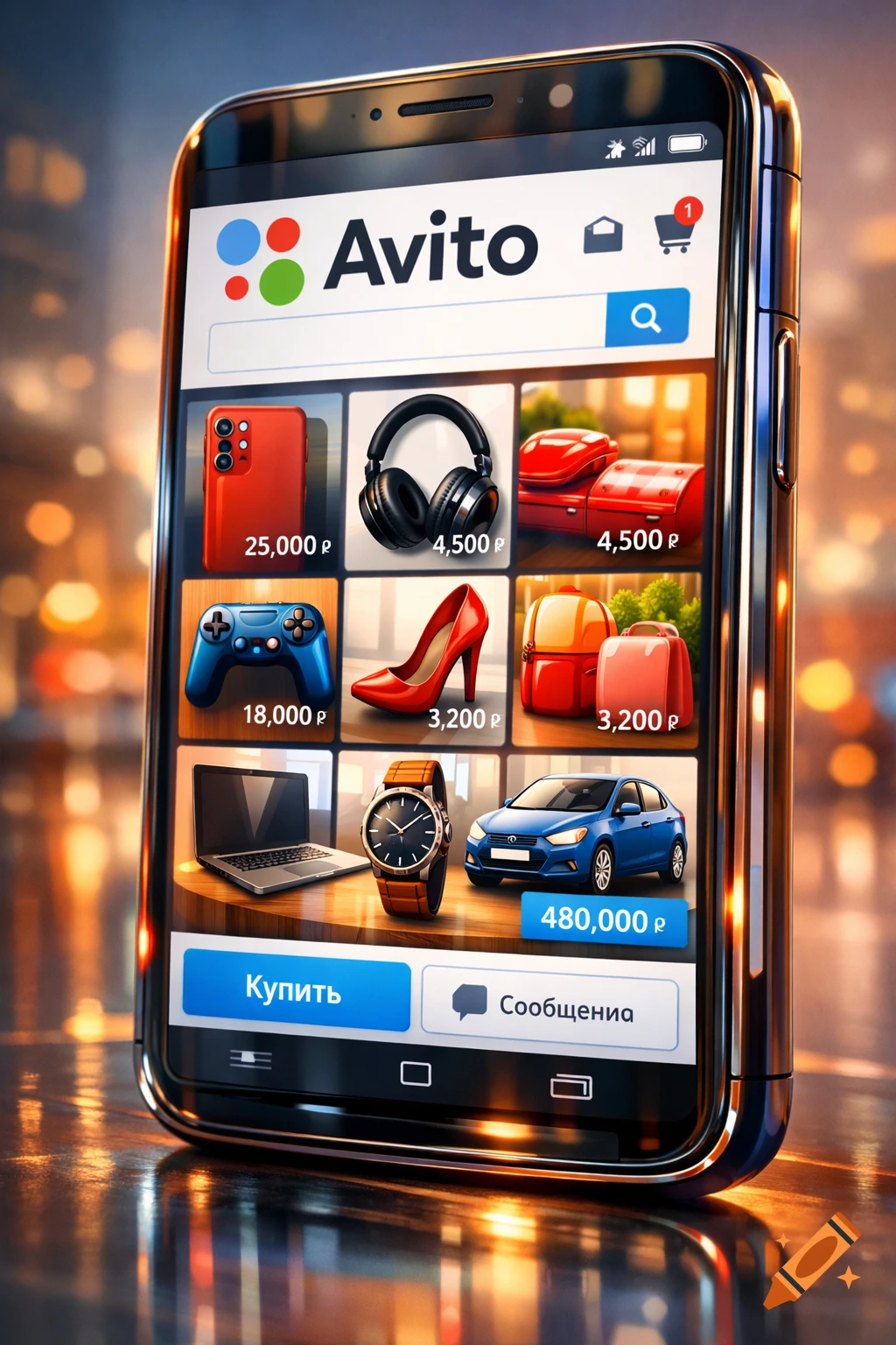 A photorealistic image of a smartphone displaying the Avito online marketplace app with various products and prices, on a reflective surface.