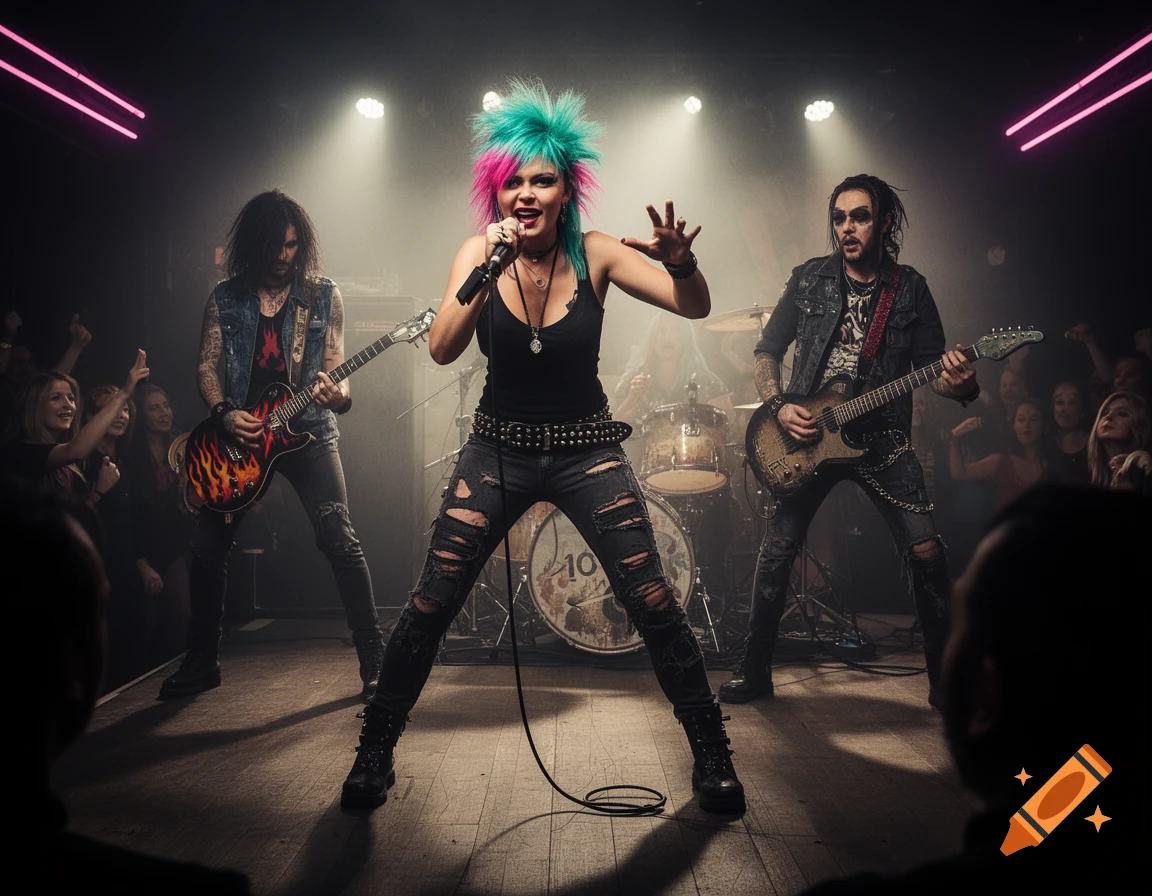 A punk rock band performs live on stage under spotlights, featuring a female singer with vibrant spiked hair and two guitarists.