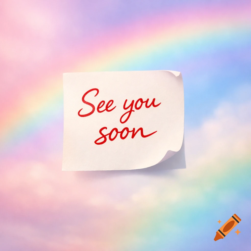White sticky note with 'See you soon' in red script on a soft, pastel rainbow background.