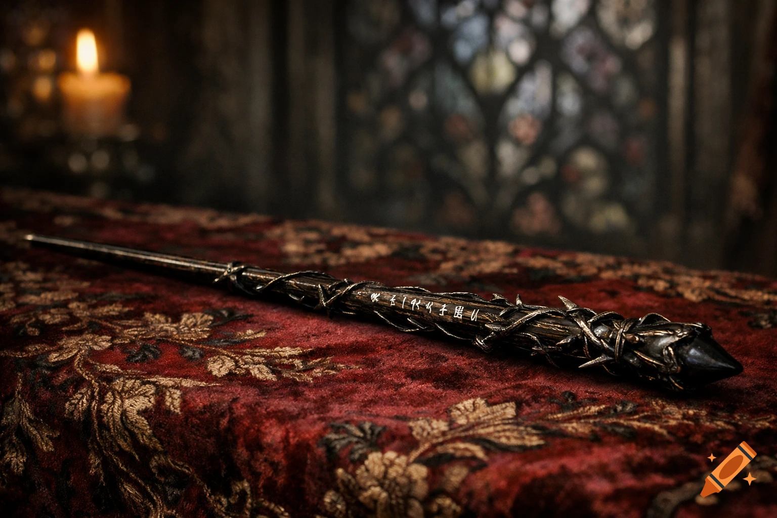 An ornate, dark magic wand with carved runes rests on a rich red velvet ...