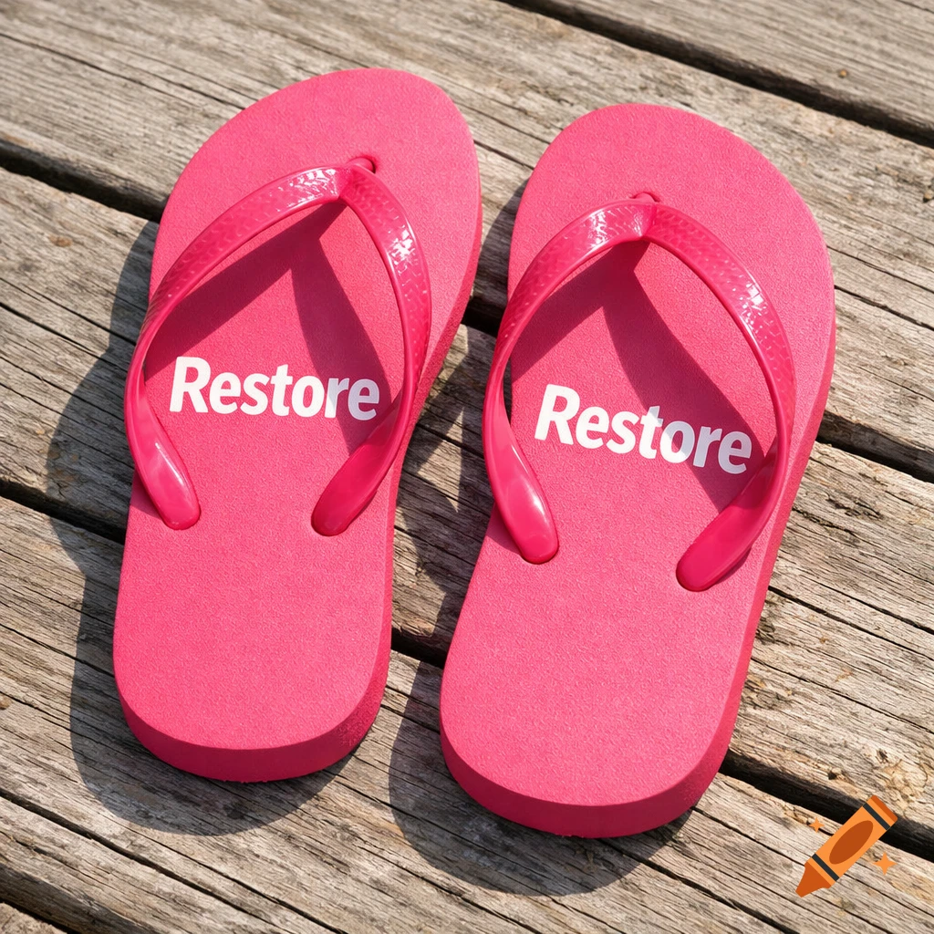A pair of pink flip-flops with "Restore" written on them, resting on a wooden deck.