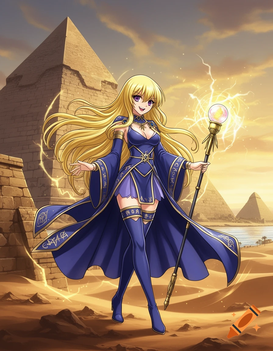 Anime-style female mage with blonde hair and a blue outfit holds a glowing staff in a desert with pyramids under a golden sky.